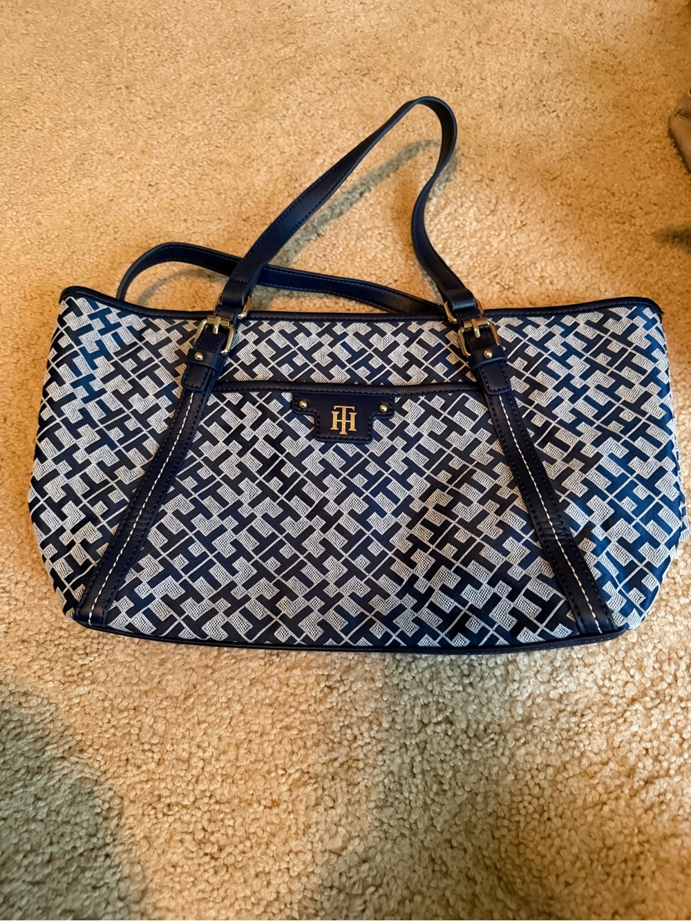 Tommy Hilfiger Navy and White Monogram Canvas Tote